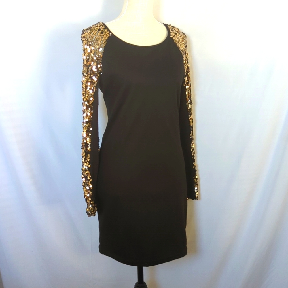 Bodycon Black Dress with Gold Sequin Sleeves (Size XL)